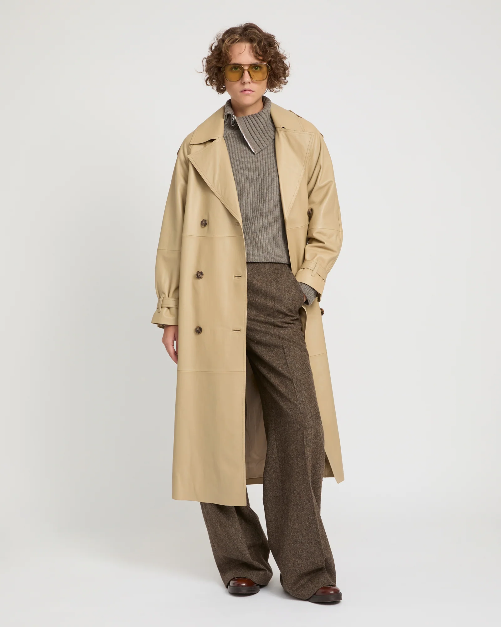 Long belted trench coat in lamb leather M - Imagen 3