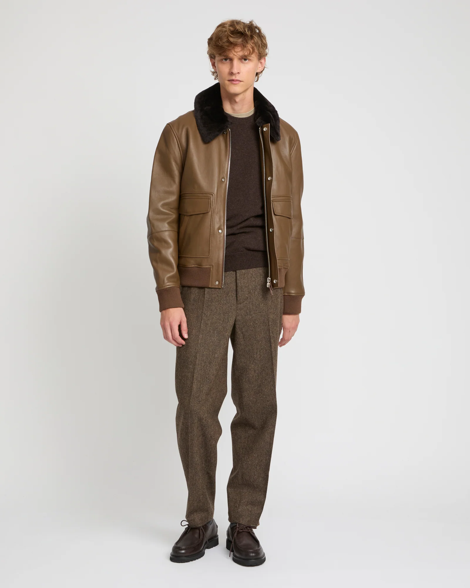 Leather aviator jacket with Merino lambskin shearling collar K - Imagen 2
